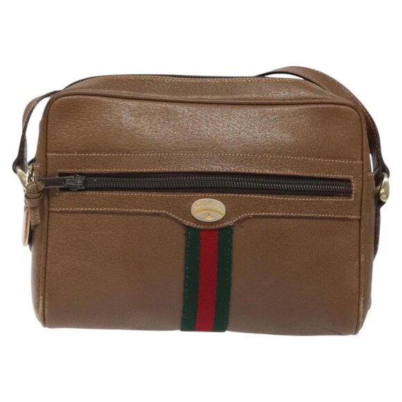 GUCCI Web Sherry Line Shoulder Bag Leather Brown Gold Auth - Picture 5 of 16
